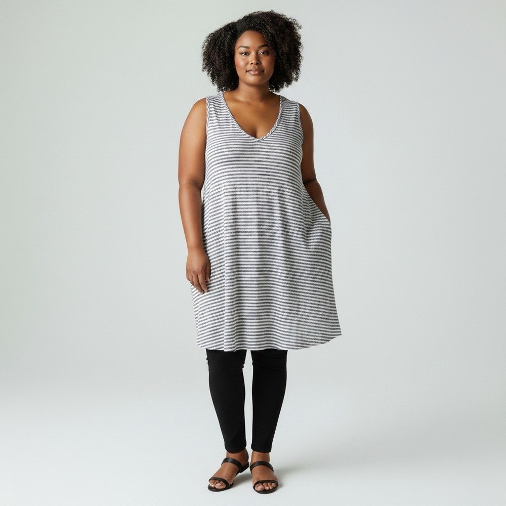 Catherines Womens 3X Navy Blue White Striped VNeck Sleeveless Tunic Pocket Dress